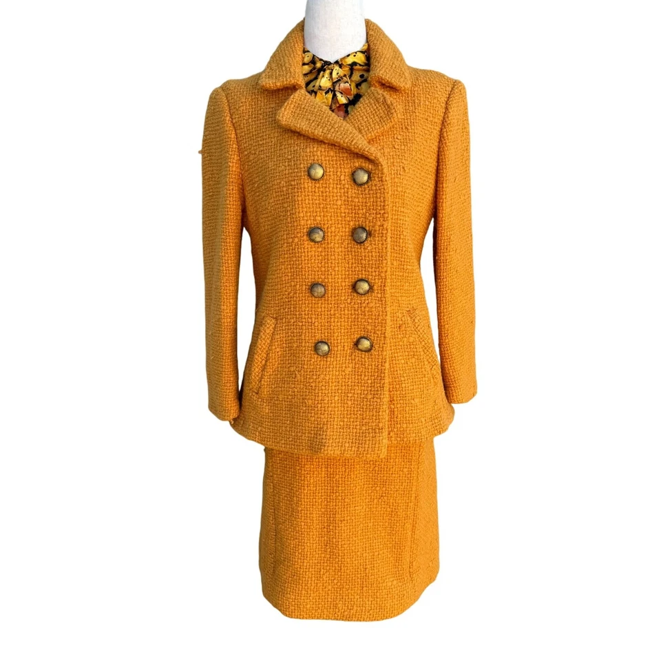 Eres Couture Vintage 50s 60s Womens Boucle Yellow Black Print Top Skirt Blazer S - Image 1 of 4