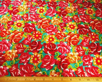 Floral Fabric By Yard SALE Pink Orange Gold Roses on Turquoise Premium Cotton #C - Image 1 of 2