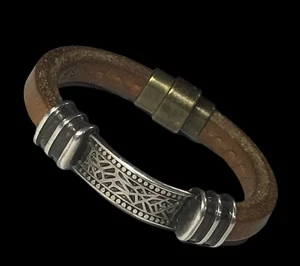 Leather Bronz And Silver Tone Bracelt 7” For Men Or Women - Picture 1 of 10