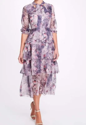 Nwt Marchesa Notte Sz8 Blumenmuster 3/4 Arm Abgestuft Rüsche Chiffonkleid Mauve - Bild 1 von 4