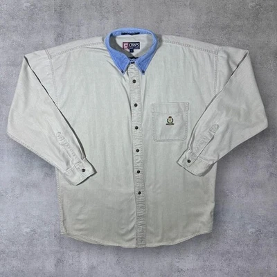 Vintage Chaps Ralph Lauren Blue Denim Collar Beige Button-Up Cotton Shirt L XL - Image 1 of 3