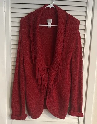Suéter cárdigan rojo rico frente abierto Chico’s para mujer talla 3 (XL) con flecos usado en excelente estado Foto 1 de 4