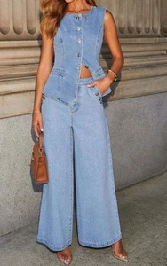 ( M ) Modischer ärmelloser Jeansanzug mit weitem Bein/Sleeveless Denim Suit Wide - Picture 1 of 7