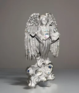 Pewter Angel Figurine holding Crystal Globe, Rhinestone Gems, 3.5" - Picture 1 of 6