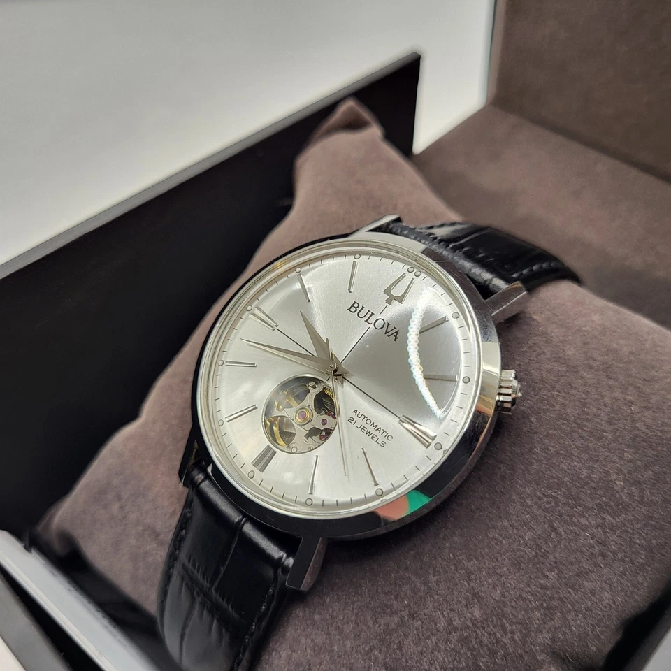 Bulova Aerojet 96A315 Silver Dial Black Leather Automatic Men's Watch