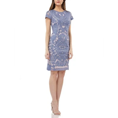 JS Collections Elegant Blue Patterned Soutache Cocktail Sheath Nude Pink Dress 6 - Image 1 of 4