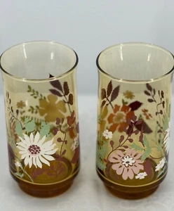 Vintage Floral Amber Patterned Glass Tumblers Set Of 2 - Picture 1 of 6