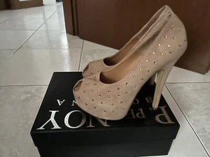 Scarpa Con Tacco Altissimo Strass Con Zeppa Interna Suola Cuoio E Camoscio - Foto 1 di 4