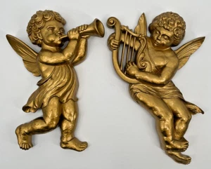 Vintage Syroco Hollywood Regency Ornate Gold Tone Heralding Cherubs Wall Plaques - Picture 1 of 15