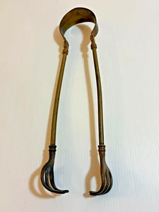 Antique 15" Brass Fireplace Tongs Large Metal Curved Fork Ends - Picture 1 of 5