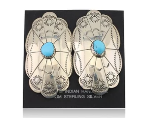 Navajo Hand Stamped Shield Earrings 925 Silver Turquoise Native Artist C.80's - Picture 1 of 9