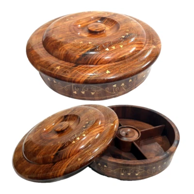 Handmade Wooden Brass Dry Fruit Box 30 cm Diameter handmade kitchen living room - Image 1 of 2