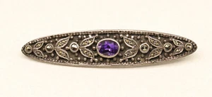 Sterling Silver Amethyst & Hematite Leaf Bead Oval Pin Brooch - Picture 1 of 5