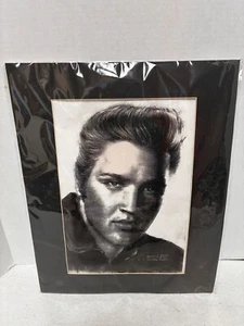 Fine B/W Print of Elvis Presley Portrait Drawn By Haiyan 16"x11" Black Mat - Picture 1 of 7