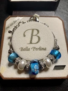 Bella Perlina Charm Bracelet with Aqua & White Beads with Silver Rhinestones $95 - Picture 1 of 6