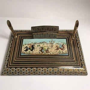 Vintage Persian Khatam Inlaid Wooden Marquetry Mosaic Double Pen Holder Desk Set - Picture 1 of 17