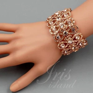 ROSE GOLD Plated Peach Crystal Rhinestone Wedding Bangle Cuff Stretch Bracelet 9 - Picture 1 of 5