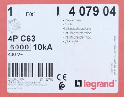 Legrand 4079 04 Differential Circuit Breaker DX³6000 10kA 4P 400V 63A C. 407904. - Image 1 of 4