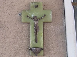 ANTIGUO FRANCÉS SPELTER JESUS/BASE DE ÓNIX/FONDO DE BRONCE FUENTE DE AGUA BENDITA-19TH C - Imagen 1 de 11