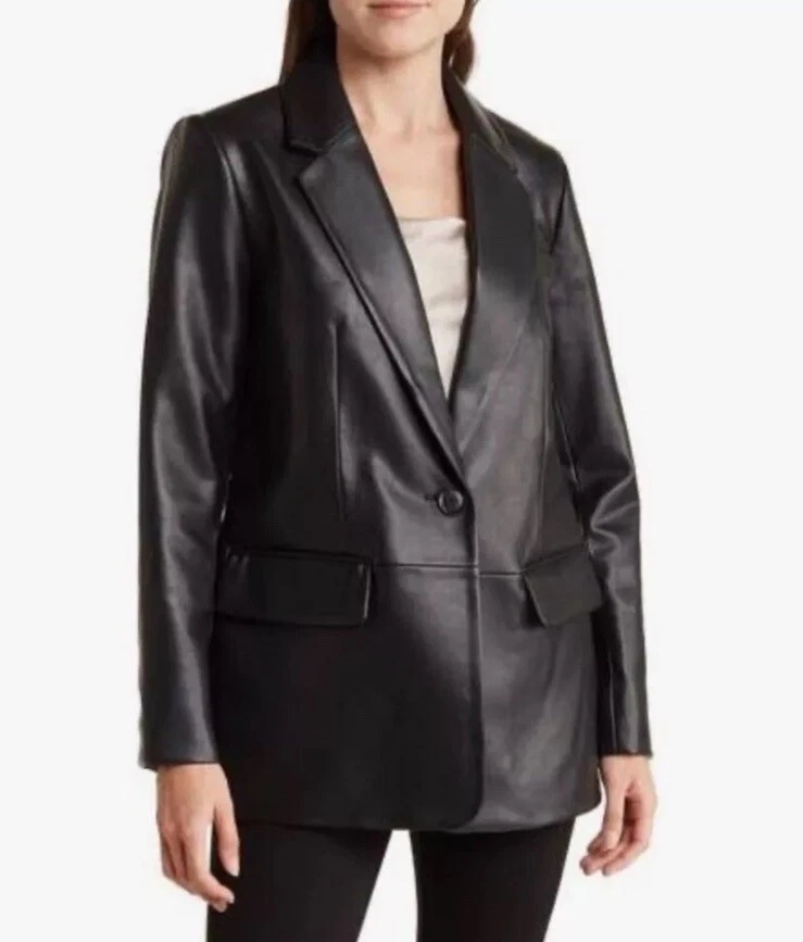 BCBGMAXAZRIA Faux Leather Blazer Jacket Black One Button Womens Size Medium $348 - Image 1 of 4
