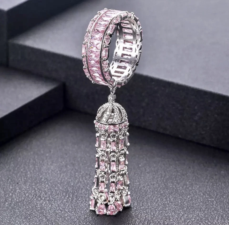 18k White Gold Filled Long Tassel Ring made w Pink Topaz Swarovski Crystal Stone - Image 1 of 4