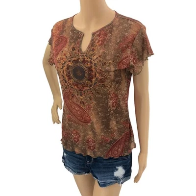 Camiseta Top Floral Y2K Gloria Vanderbilt MEDIANA Transparente Henna Arte Indio Cachemira Foto 1 de 4