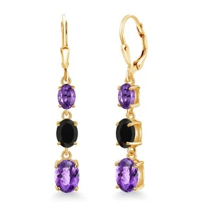 18K Yellow Gold Plated Silver Amethyst 3 Stone Dangle Earrings For Women (4.70 - Picture 1 of 6