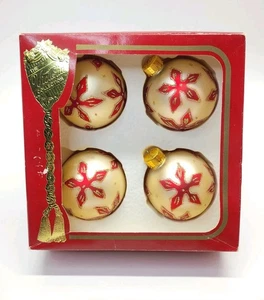 Schachtel mit 4 Weihnachtskrebs Glaskugel Ornamente viktorianisch gold/rot Weihnachtsstern 2,5" - Bild 1 von 12