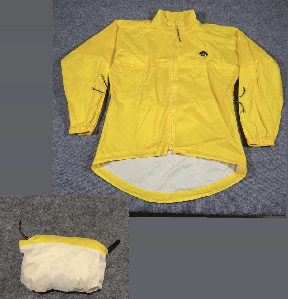 Chaqueta REI De Colección Grande Amarilla Reflectante Embalable Pit Cremalleras Puño Pestañas Caminata Usada en Excelente Condición Foto 1 de 4