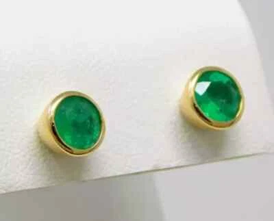 Natural Emerald 2.50Ct Round Cut Solitaire Stud Earrings 14K Yellow Gold Plated - Image 1 of 4