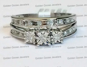 Past Present Future White Gold Three Stone Bridal Set Diamonds Wedding Ring    - Picture 1 of 10