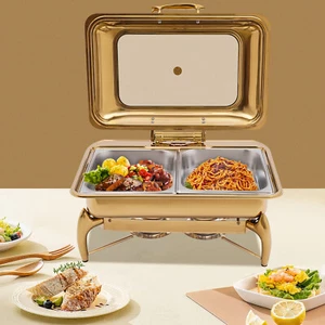 Juego de buffet de plato de frotamiento con tapa enrollable dorado de 9 cuartos de galón de acero inoxidable con soporte de combustible para el hogar - Imagen 1 de 21