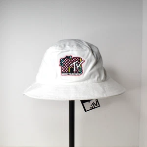 MTV Pink Checkered Monster Hand Claw Logo White Bucket Hat with Tags - Picture 1 of 5