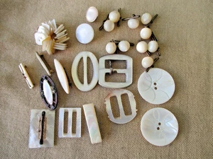 Antique Abalone + Mother Of Pearl Shell Belt Buckles Buttons  And Pins Lot - Picture 1 of 10