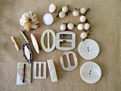 Antique Abalone + Mother Of Pearl Shell Belt Buckles Buttons  And Pins Lot - Image 1 of 4