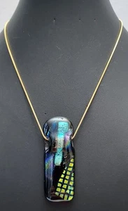 Costume Multicolor Art Glass Pendent w/ Goldtone Cable Necklace - Picture 1 of 13