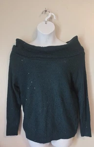 Chicos Dark Green Sparkle Cowl Neck Off Shoulder Sweater 1 - Picture 1 of 6