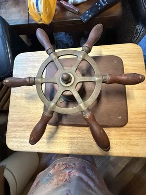 ANTIQUE 12” Boat Steering Wheel Nautical 6 Handle  Wheel, Brass And Wood  - Image 1 of 3