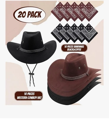 NUEVO Conjunto de 10 Disfraces Sombrero de Vaquero y Bandana para Mujer y Hombre Vaquero Estilo Occidental Foto 1 de 4