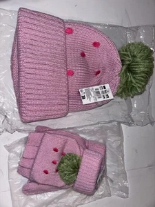 Pink Strawberry Knit Beanie Hat And Convertible Gloves - Picture 1 of 14