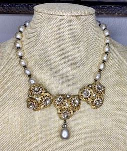 Collar Flor Vintage Retro Años 50 Miriam Haskell Imitación Perla Tono Dorado - Imagen 1 de 22