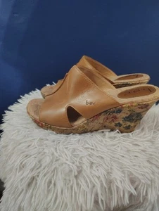 BOC Womens Brown Tan Leather Floral Cork Wedge Slip on Sandals, Size 8 - Picture 1 of 9