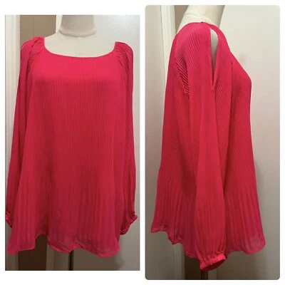 Susan Graver Hot Pink Top Pleated Cold Shoulder Blouse Size 16 Polyester Lined - Image 1 of 4