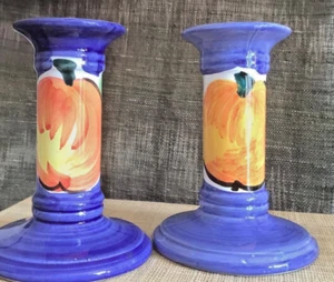 Vintage Italian Pair Candle Holders Glazed Art PotteryCeramic Blue MCM Art Deco - Picture 1 of 8