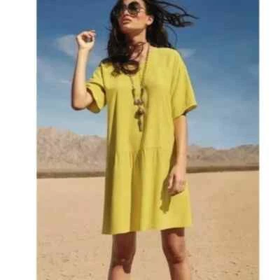 Vestido amarelo cintura baixa EILEEN FISHING gola V manga curta Tencel linha A XXS $268 - Imagem 1 de 4