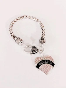Sweet 16 Sixteen Charm Bracelet Pink Heart Birthday Gift Daughter Jewelry - Picture 1 of 1