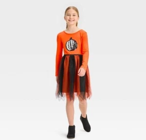 Cat & Jack Girls' Long Sleeve Flip Sequin Halloween Dress Orange M (8) - Picture 1 of 1