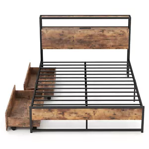 Industrial Platform Bed Frame w/ Drawer Storage Headboard Charging Station Full - Picture 1 of 8