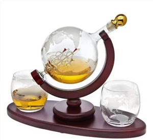 Whiskey Decanter Globe Set 2 Etched Whiskey Glasses Liquor Scotch Bourbon Vodka - Picture 1 of 5