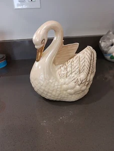 Vintage Ceramic Swan Plant Holder Large Homemade 1960’s Pearl White And Gold - Picture 1 of 7